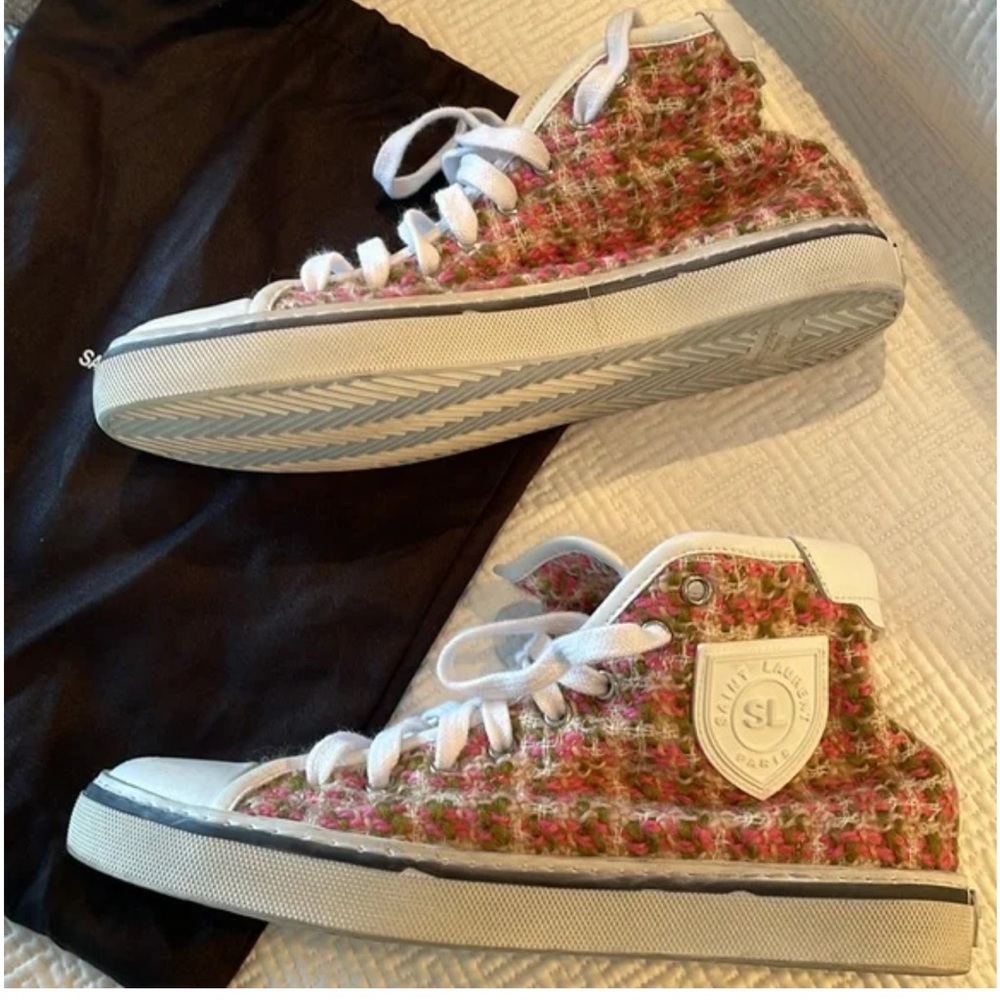 Saint Laurent Malibu Bedford Tweed High Top Pink Sneaker Size 38 - Picture 3 of 9